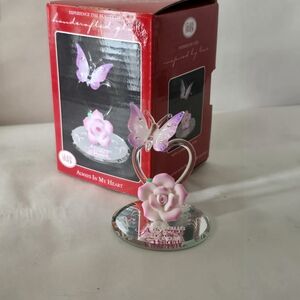 Glass Heart & Butterfly Figurine with Pink Rose